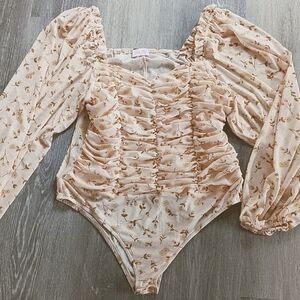 Pink Lily Puff Sleeve Cream Floral Ruched Bodysuit